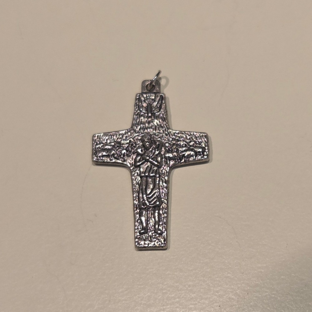 Vintage Religious Cross Pendant Silver Tone Jesus Shepherd Sheep Faith Charm